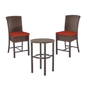 Harper Creek 3-Piece Brown Steel Outdoor Patio Bar Height Dining Set with CushionGuard Quarry Red Cushions