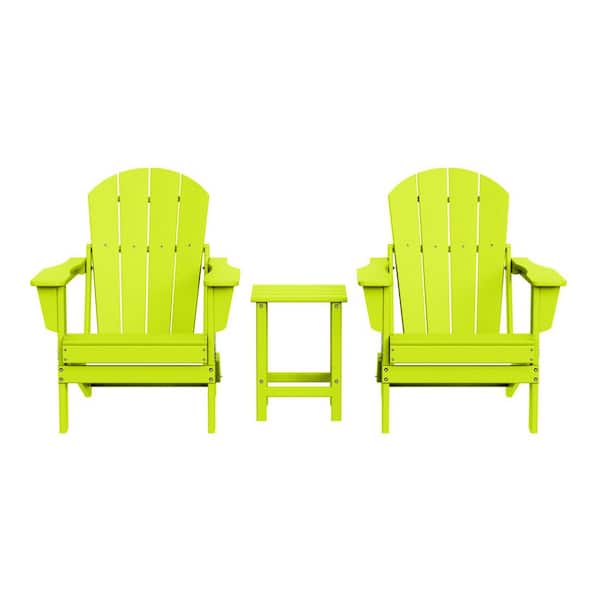 WESTIN OUTDOOR Laguna 3-Piece Fade Resistant Outdoor Patio HDPE Poly Plastic Folding Adirondack Chair Set with Side Table in Lime