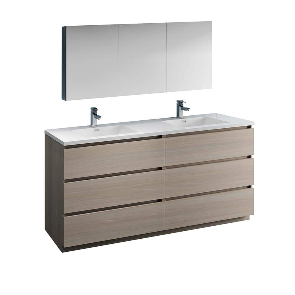 Lazzaro 72 in. Modern Double Bathroom Vanity in Gray Wood with Vanity Top in White with White Basins, Medicine Cabinet -  Fresca, FVN93-3636MGO-D