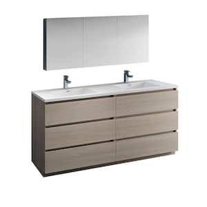Lazzaro 72 in. Modern Double Bathroom Vanity in Gray Wood with Vanity Top in White with White Basins, Medicine Cabinet