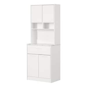 Myro Faux White Marble and White 29 in. Particle Board Buffets & Sideboards with Microwave Hutch