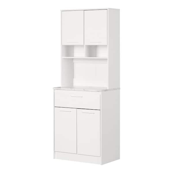 South Shore Myro Faux White Marble and White 29 in. Particle Board Buffets & Sideboards with Microwave Hutch