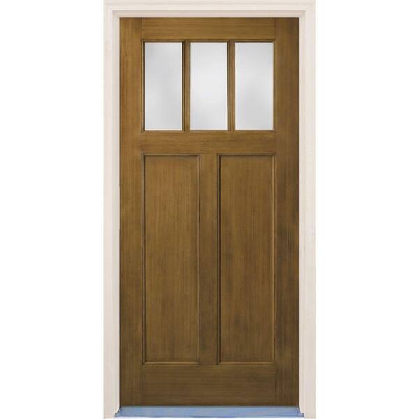 Builder's Choice 36 in. x 80 in. Craftsman English Walnut 2-Panel 3 Lite Stained Premium Fiberglass Prehung Front Door with Brickmould
