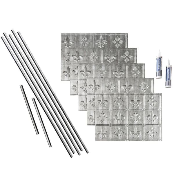 Fasade Fleur de Lis 18 in. x 24 in. Crosshatch Silver Vinyl Decorative Wall Tile Backsplash 15 sq. ft. Kit