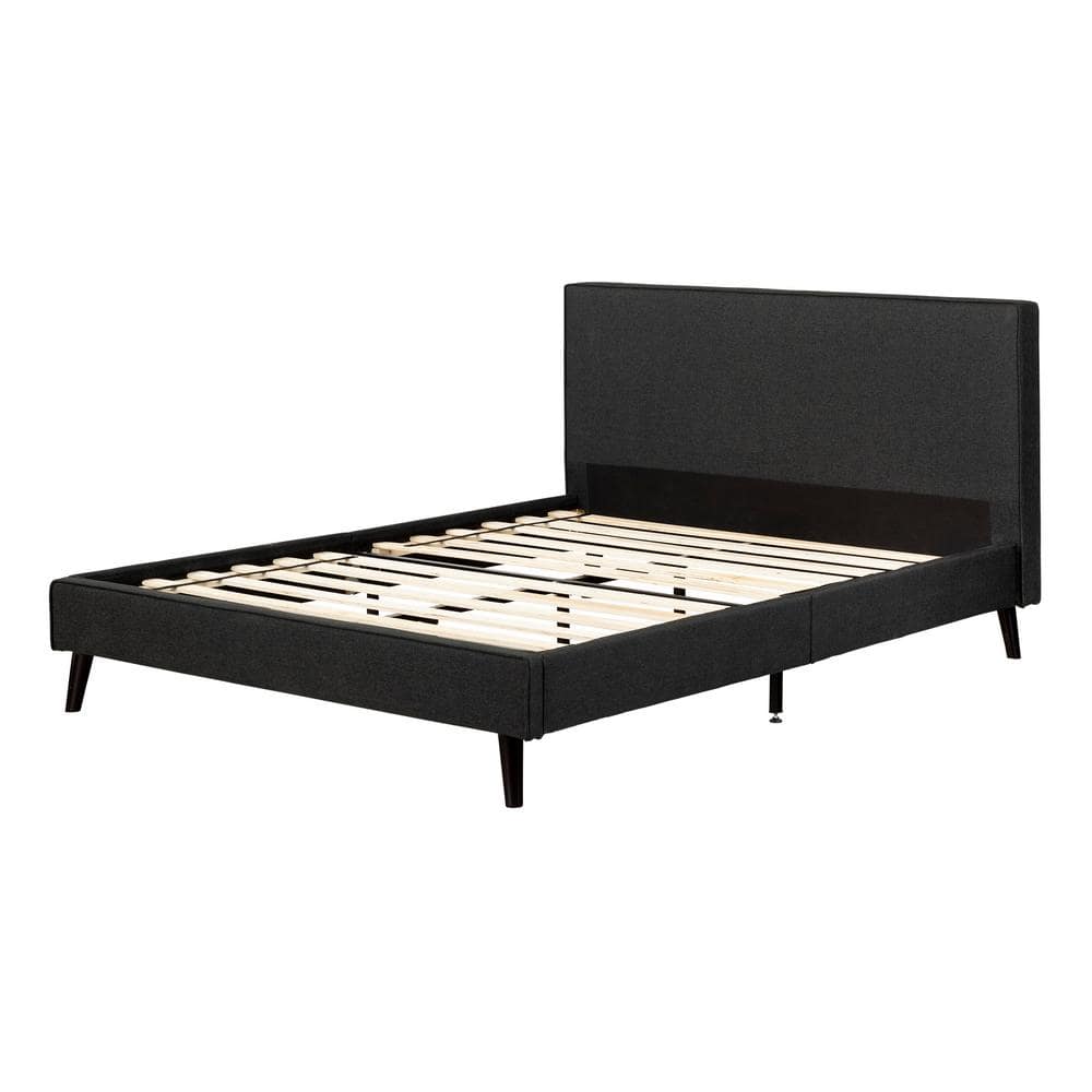 Queen Matte Charcoal Upholstered Bed with Headboard and Slats