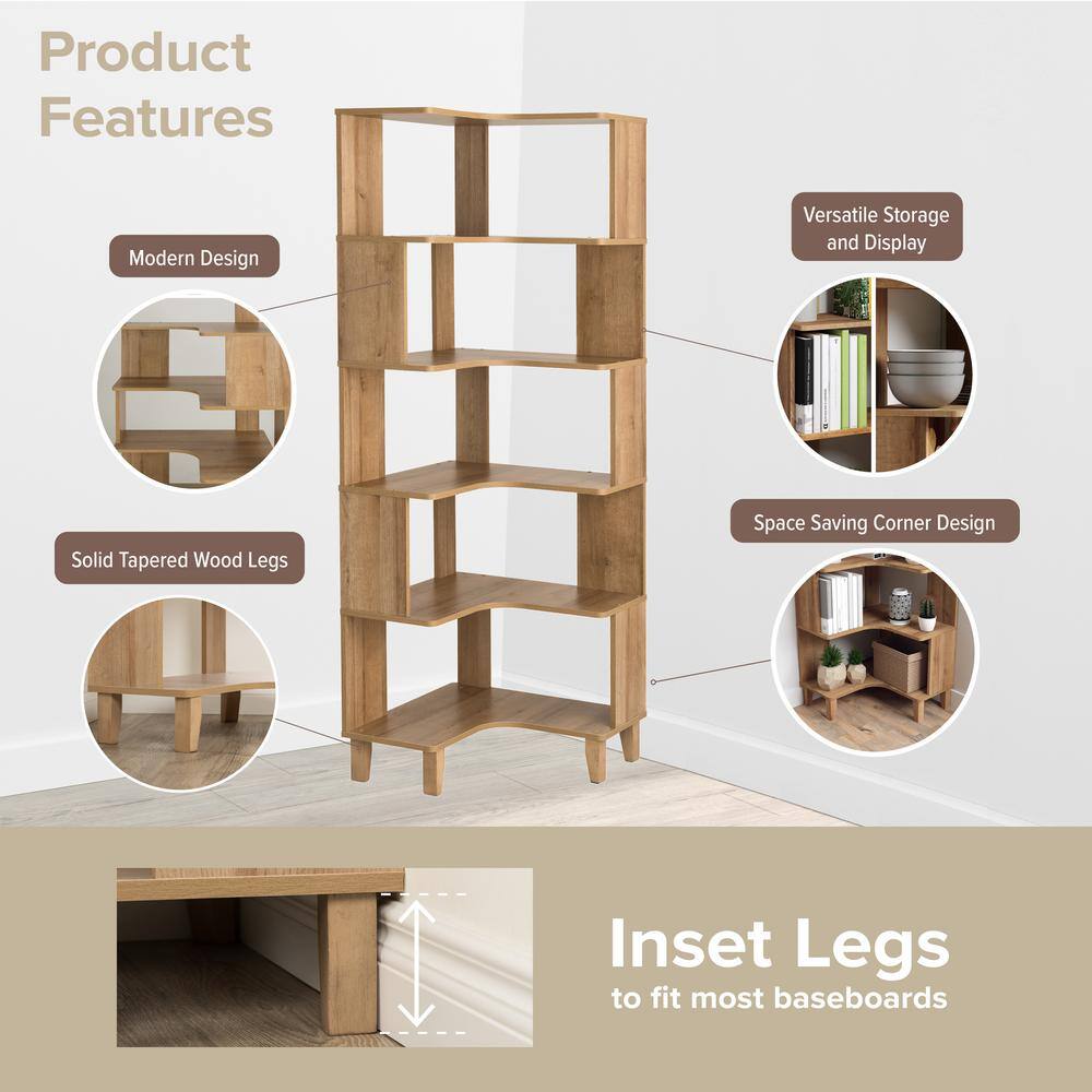 Natural Oak 6-Tier Corner Wood Bookcase with Open Back