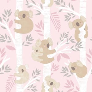 Tiny Tots 2-Collection Pink/Grey/White Glitter Finish Kids Koala Bear Theme Non-Woven Paper Wallpaper Roll