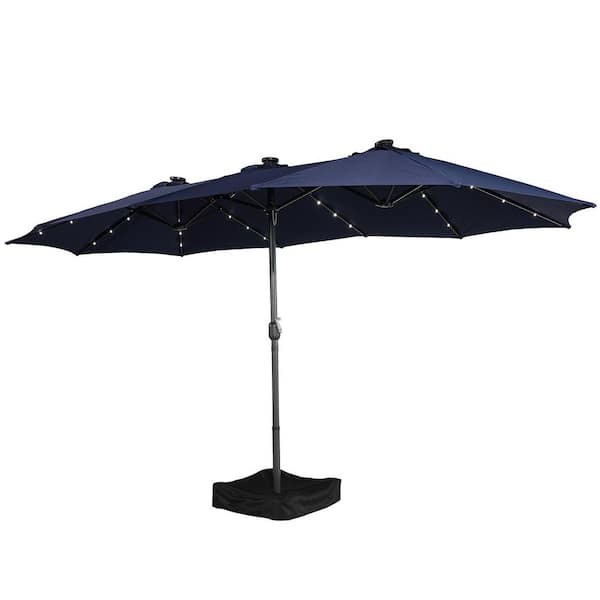 Clihome 15 ft. Double-Sided Market Patio Umbrella in Navy with LED Lights