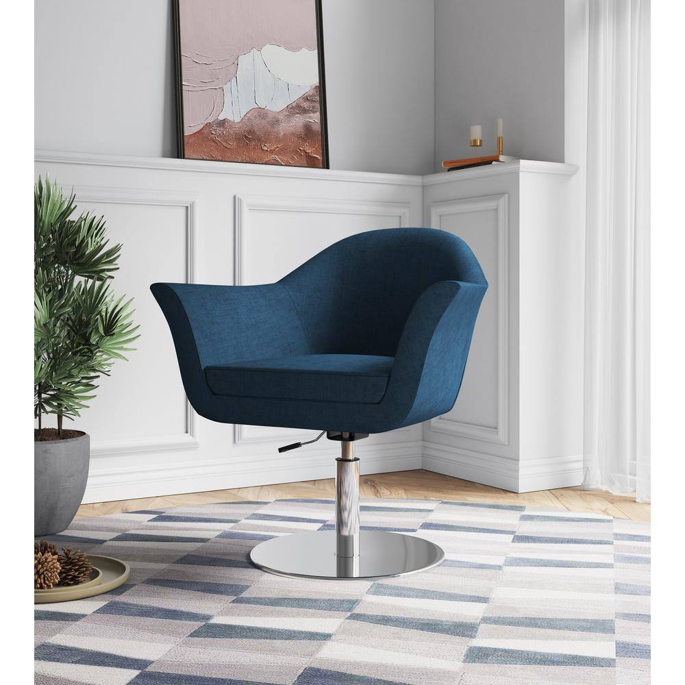 Smokey Blue Polyester Swivel Accent Chair with Brushed Metal Base