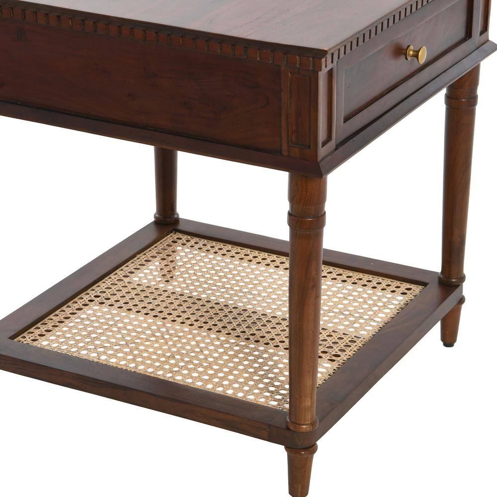 Dark Chestnut Solid Wood End Table with Cane Shelf and Drawer