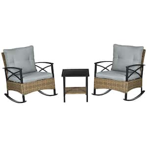 Light Gray 3-Piece Metal Wicker Square Outdoor Bistro Set, Patio Rocking Chair Set with Gray Cushions and Coffee Table