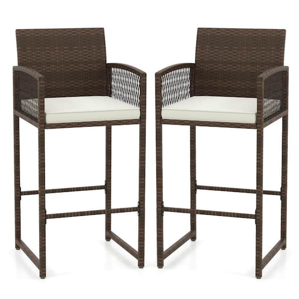 Metal Outdoor Bar Stool PE Rattan Bar Height Chairs with Backrests and Armrests Beige Cushion (2-Pack)