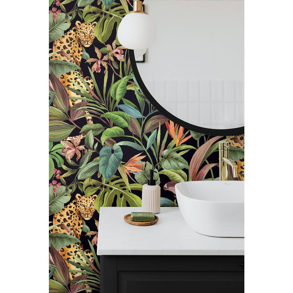 Gloss Black Tropical Leopard Peel and Stick Wallpaper Roll