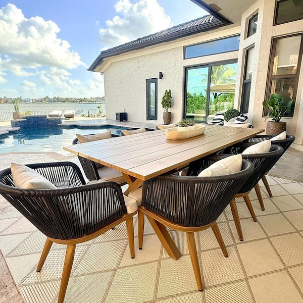 Teak-Finish 9-Piece Wicker Square Aluminum Frame Outdoor Dining Set and Pillows with Beige Cushions