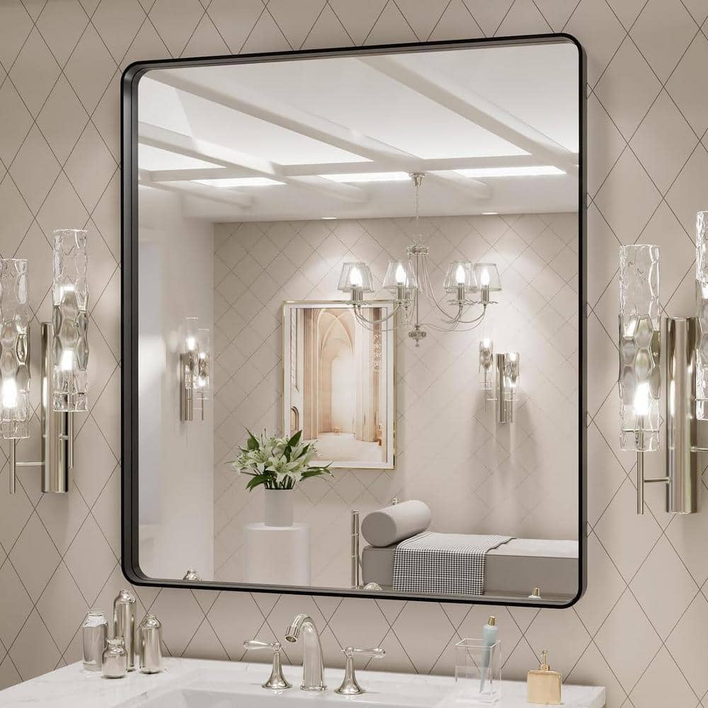 Matte Black Aluminum Rectangular Vanity Mirror 32x36 Inch