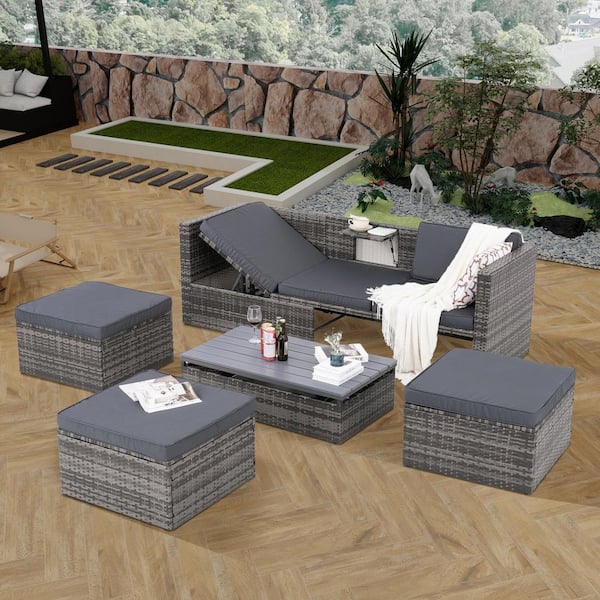 LAITING INC 5 Piece Wicker Patio Conversation Set with Gray Cushions, Seasonal PE Wicker Furniture, with Lift TOP Coffee Table