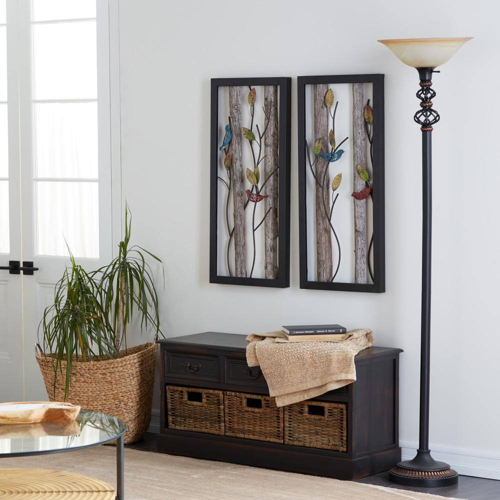 70" Black Iron Torchiere with Cream Glass Shade