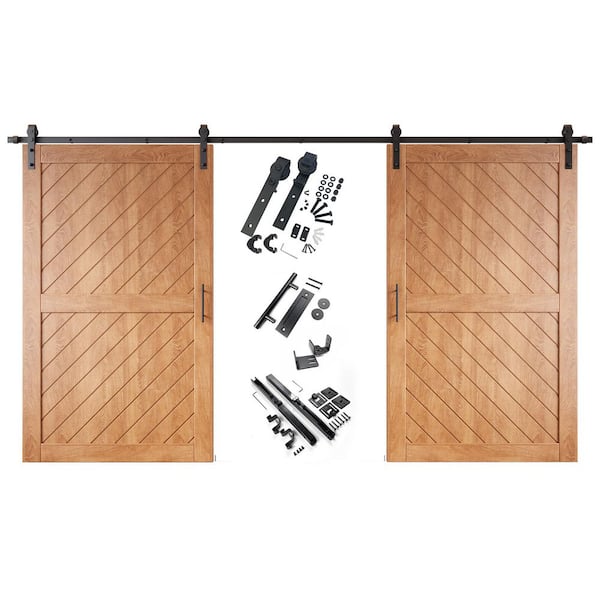 HOMACER XT1 42 in. x 80 in. C-Panel Early American Slanted Stripe Design Double Pine Wood Sliding Barn Door with Hardware Kit