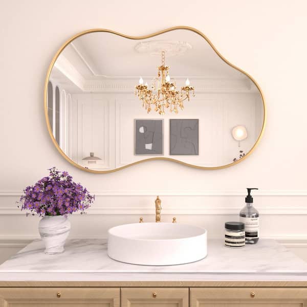 Gold 24 in W x 36 in. H Abstract Wavy Irregular Aluminum Alloy Framed Mirror for Bathroom, Living Room, Entryway