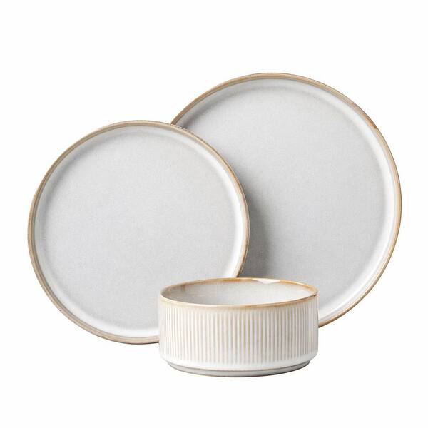 Ribbed Stoneware Dinnerware Set for 4 12 Piece Plates Bowls Chip Resistant Microwave Safe Cappuccino