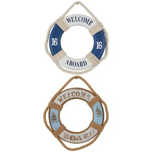 Wood Blue Handmade Welcome Rope Life Ring Sign Wall Art with Varying Details and Colors (Set of 2)