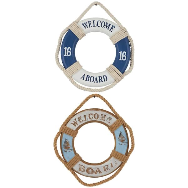Litton Lane Wood Blue Handmade Welcome Rope Life Ring Sign Wall Art with Varying Details and Colors (Set of 2)