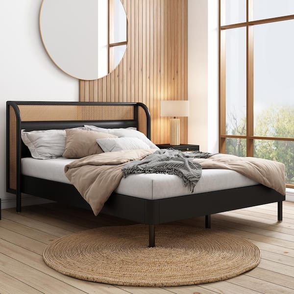 Modern Black Cannage Rattan Wood Frame Queen Size Platform Bed