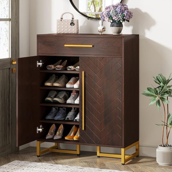 39.37 in. H x 31.5 in. W Walnut Engineered Wood Shoe Storage Cabinet with Doors and 5-Tier Shelves for Entryway