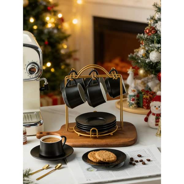 Wudkey Espresso Cups with Saucers and Metal Stand, 4 oz. Ceramic