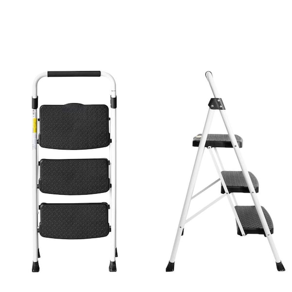 Reach 3 Step Folding Ladder with Handle, Lightweight Sturdy Steel for Kitchen and Household 500 lbs. Capacity White Iron