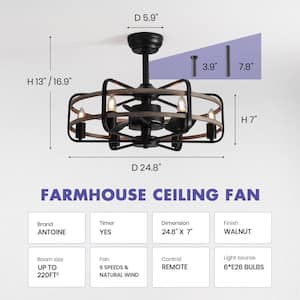 25 in. Black Farmhouse Ceiling Fan Caged Ceiling Fan Indoor with Lights and Remote Wood Grain Industrial Ceiling Fan