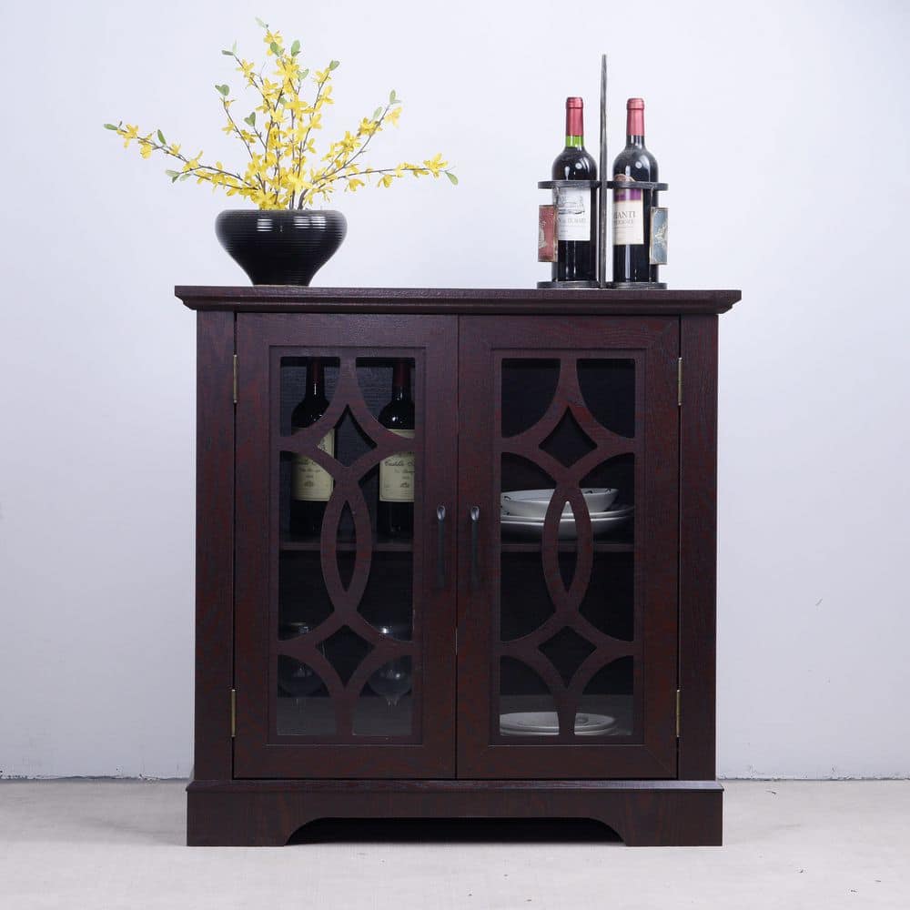 34.37 in. W Ox Blood Red MDF Sideboard Buffet with 2 Tempered Glass Doors Adjustable Shelf