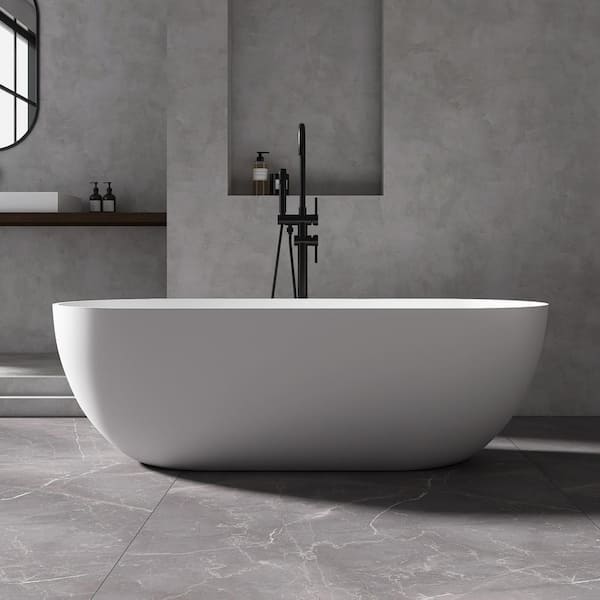 MEDUNJESS Ariana 69 in. x 30 in. Stone Resin Solid Surface Flatbottom Freestanding Soaking Bathtub in White