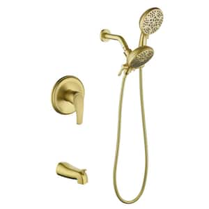 Single-Handle 7-Spray Wall Mount Tub and Shower Faucet 2-In-1 Shower Head Trim Kit in Brushed Gold (Valve Included)