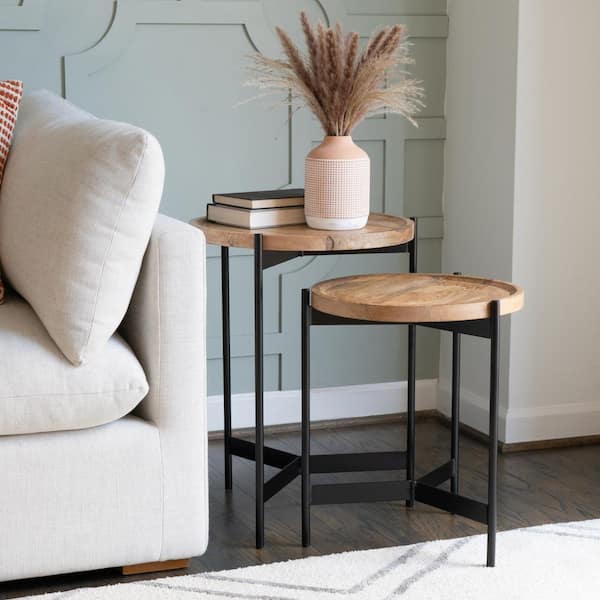 Linon Home Decor Eliza 18 in. Black Metal Brown Wood Top Nesting End Tables
