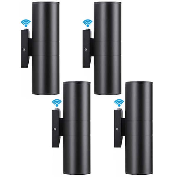 HKMGT Black Dusk to Dawn Outdoor Hardwired Cylinder Wall Lantern Scone with Integrated LED Up Down Lights (4-Pack)