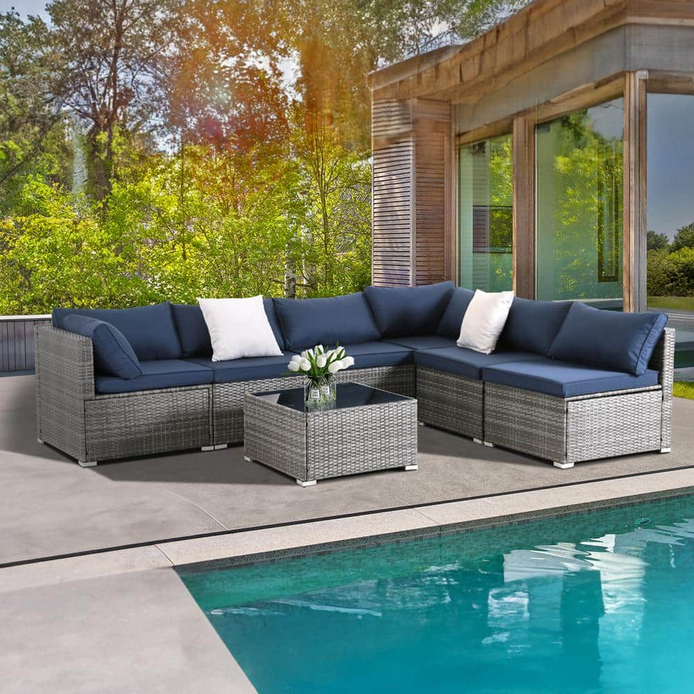 JUSKYS All-Weather 7-Piece Gray PE Wicker Patio Conversation Set with ...