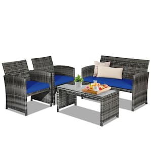4-Piece Wicker Patio Conversation Set Rattan Outdoor Sofa Coffee Table Set With Navy Blue Cushions