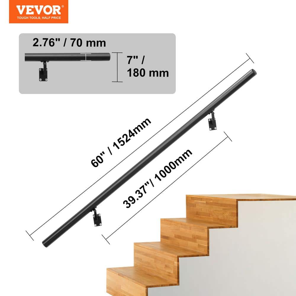 Black Aluminum Alloy Wall Mount Stair Handrail, 60" Length