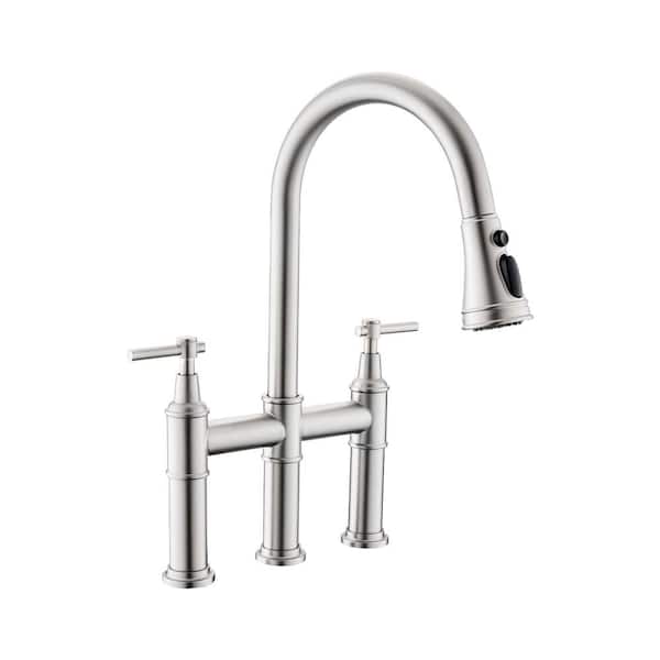 Unbranded Double Handle Transitional Bridge Kitchen Faucet with Pull-Down Spray Head in Brushed Nickel