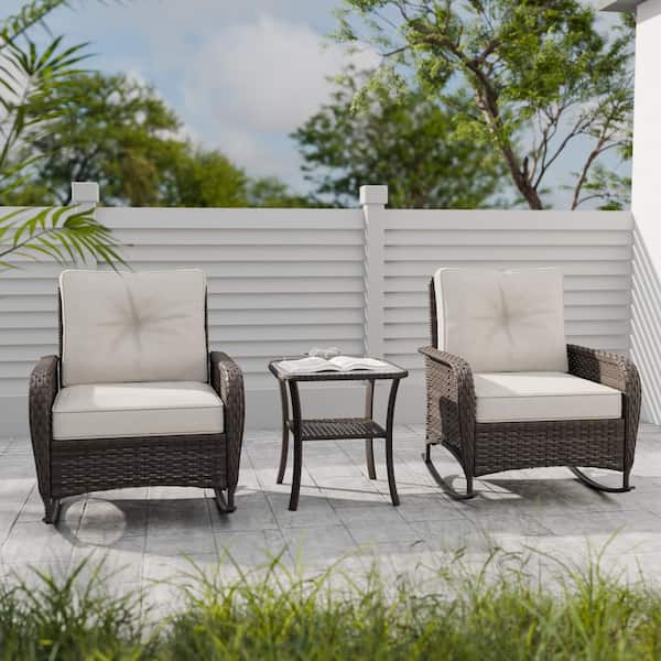 COOS BAY 3-Pieces Brown Patio Conversation Set Outdoor Wicker Rocking Chair Set with Beige Cushions and Glass Top Side Table