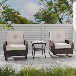 3-Pieces Brown Patio Conversation Set Outdoor Wicker Rocking Chair Set with Beige Cushions and Glass Top Side Table