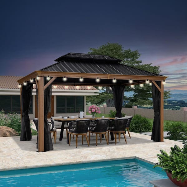 10 ft. x 14 ft. Wood Grain Patio Outdoor Gazebo for Backyard Hardtop Aluminum Frame w/Hooks, Upgrade Netting 24 Lights