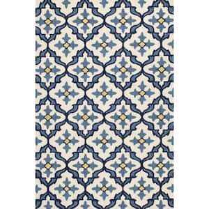 Charlie 7' Round ft. Ivory/Blue Moroccan Indoor/Outdoor Area Rug