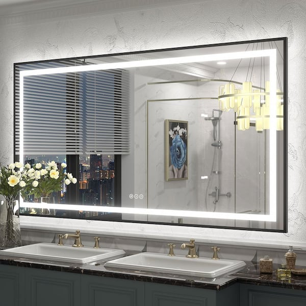 55 in. W x 30 in. H Rectangular Framed Front and Back LED Lighted Anti-Fog Wall Bathroom Vanity Mirror in Tempered Glass