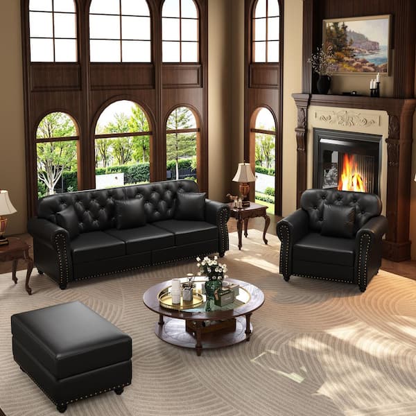 82.6 in. Rolled Arm Faux Leather Sofa in Black with Nailhead Trim,Rolled Armrests,1 Ottoman and 4 Pillows