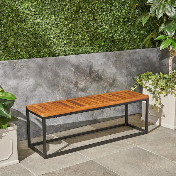 Noble House Jeco Teak Brown Wood and Black Metal Outdoor Bench