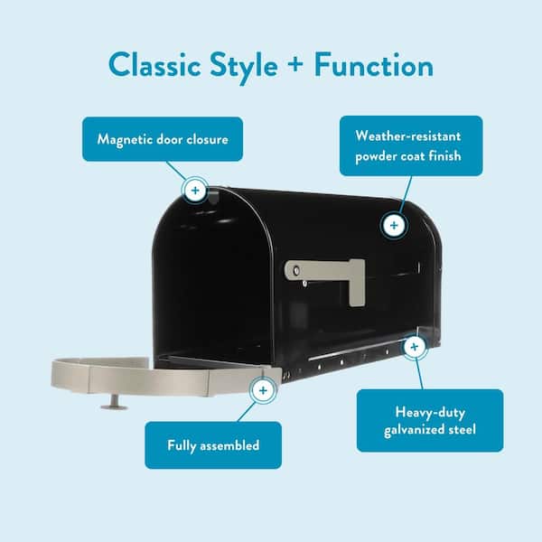 Brunswick Black, Large, Steel, Post Mount Mailbox with Brushed Nickel Flag