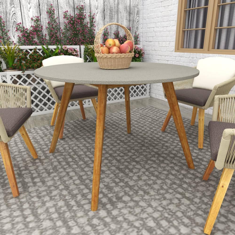 Gray Polycement Top Round Outdoor Dining Table with Acacia Wood Legs
