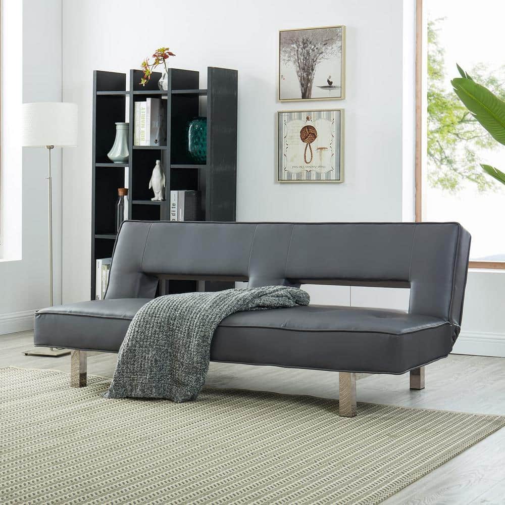 HOMESTOCK Gray Futon Sofa Bed Faux Leather Couch Modern Folding Sofa Bed Couch with Chrome Legs Reclining Couch 98843 - The Home Depot